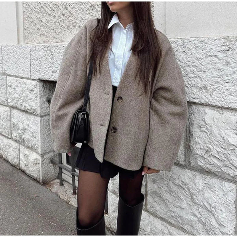 V-neck Long Sleeve Button Short Coat