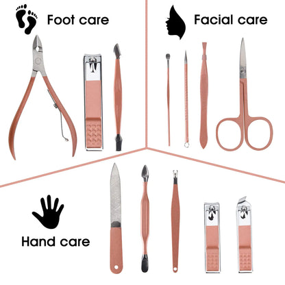 Nail Clippers and Beauty Tool Portable Set, Rose Gold Martensitic Stainless Steel Manicure Set 12 in 1, with Pink Leather Bag, Suitable for Home, Workplace, Outdoor Travel, Gift Giving, Salon.