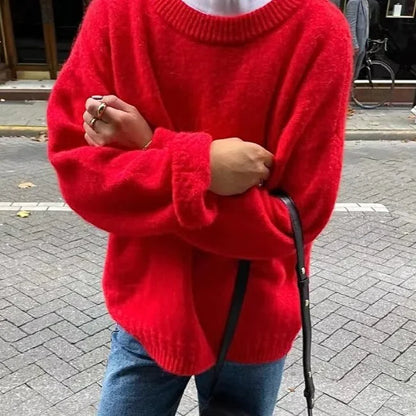 Women's Red Round-neck Pullover Sweater