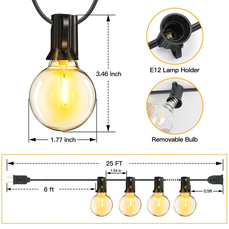 Ollny 25FT Outdoor String Lights, Waterproof Connectable Hanging Lights with 13 Edison + 1 Spare Led Bulbs Plug In, Patio Led Lights for outside Backyard Garden Camping Porch Decor