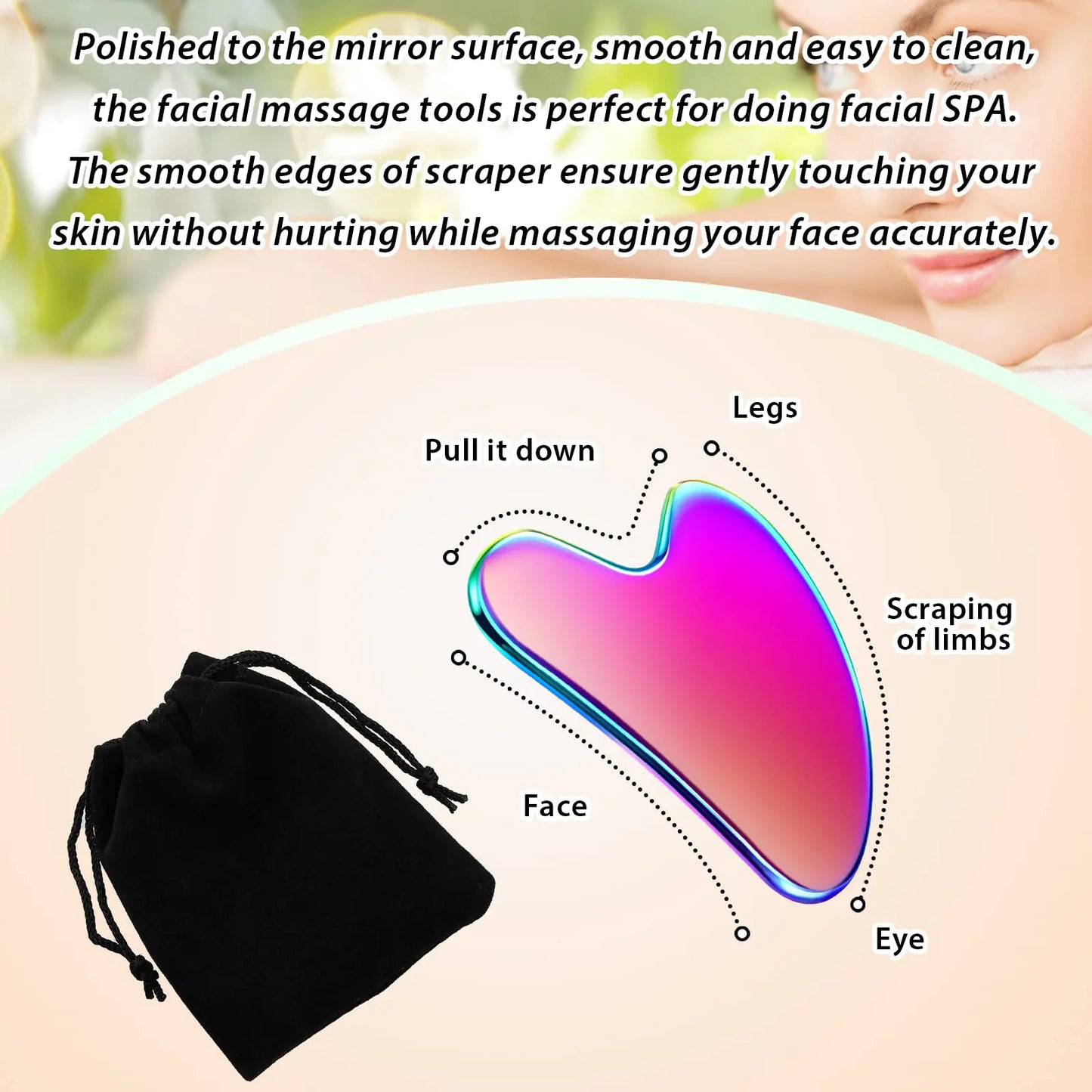 Nuanchu Stainless Steel Gua Sha Facial Tools Guasha for Face Metal Gua Sha Tighten Skin Massage Guasha Beauty Tool for Body Eyes Neck Massager with Travel Pouch Skin Care Gifts (Rainbow Color) Rainbow Color