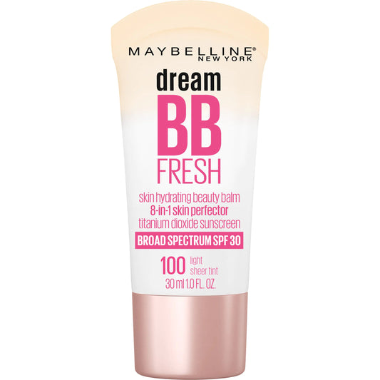 Maybelline Dream Fresh Skin Hydrating BB cream, 8-in-1 Skin Perfecting Beauty Balm with Broad Spectrum SPF 30, Sheer Tint Coverage, Oil-Free, Light, 1 Fl Oz 1 Fl Oz (Pack of 1) 100 LIGHT