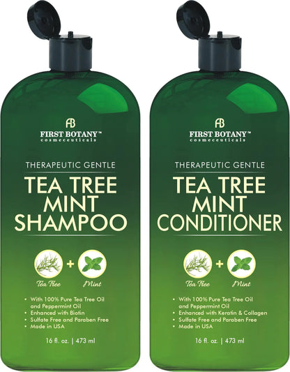 Mint Shampoo and Conditioner - Tea Tree and Peppermint Oils - Promotes Hair Growth, Fights Dandruff, Lice & Itchy Scalp - Sulfate-Free for Men and Women - 16 fl oz x 2