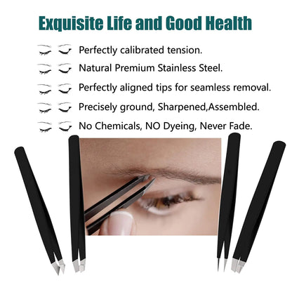 [4+1 Pieces] Tweezers Set with Travel Case, Great Precision Upgrade Professional Anti-rust Alloy Tweezers for Women & Men, Multi-purpose as Eyebrows Facial Hair Ingrown Hair Removal