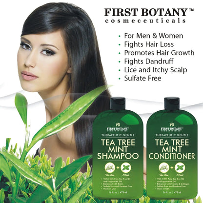 Mint Shampoo and Conditioner - Tea Tree and Peppermint Oils - Promotes Hair Growth, Fights Dandruff, Lice & Itchy Scalp - Sulfate-Free for Men and Women - 16 fl oz x 2