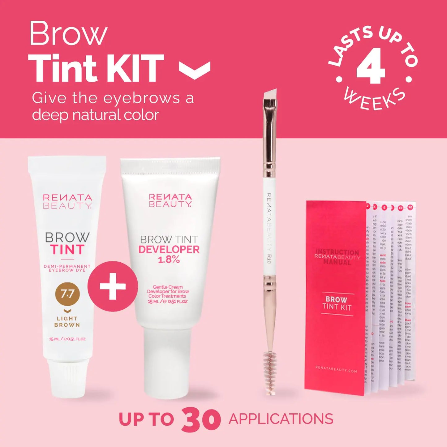 RB RENATA BEAUTY Brow Tint Kit – Eyebrow Tint Set – Dye Kit with Color Tint, Cream Developer and Styling Brush – Long-Lasting Effect Up to 4 Weeks – 30 Applications [Light Brown] 7.7 Light Brown