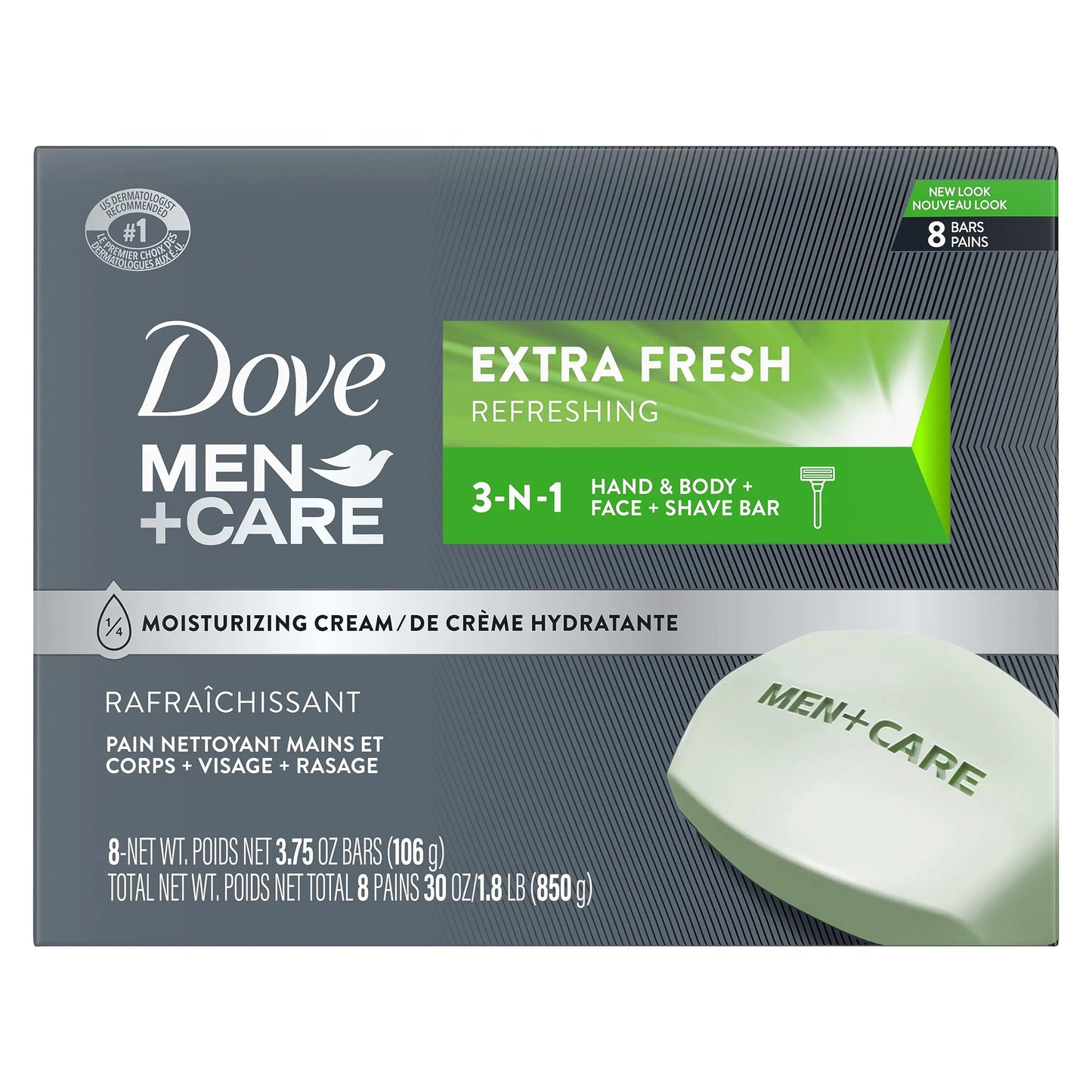 DOVE MEN + CARE 3 in 1 Bar Cleanser for Body, Face, and Shaving Extra Fresh Body and Facial Cleanser More Moisturizing Than Bar Soap to Clean and Hydrate Skin 3.75 Ounce (Pack of 8) 3.75 Ounce (Pack of 8)