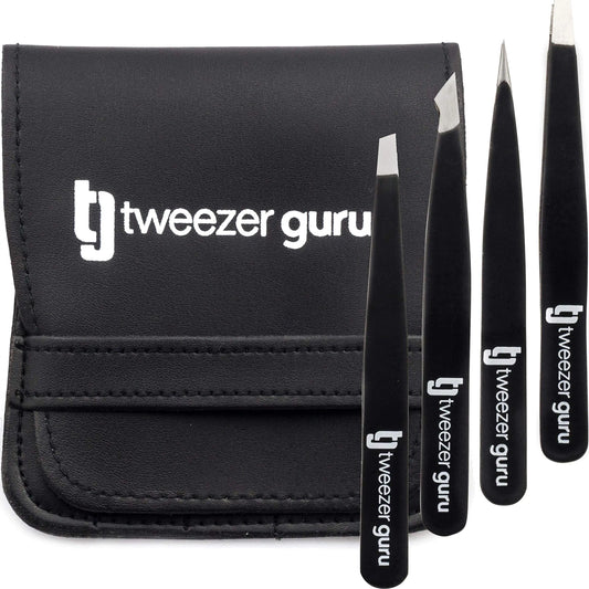 Tweezer Guru Eyebrow Tweezer Set (4-Piece) for Women & Men - Professional Slant and Pointed Tweezers Set with Case - Precision Tweezers Kit for Facial Hair, Splinter and Ingrown Hair Removal 4 Pack