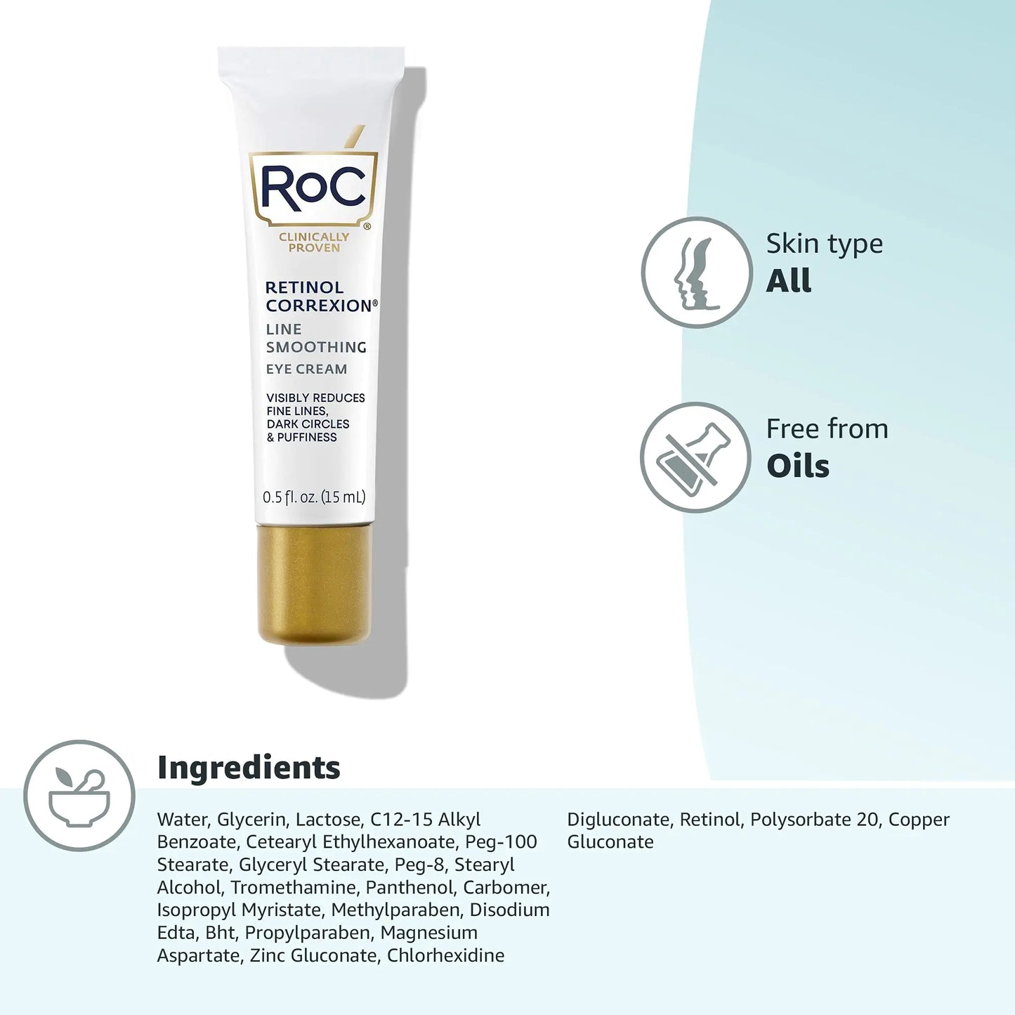 RoC Retinol Correxion Under Eye Cream for Dark Circles & Puffiness, Daily Wrinkle Cream, Anti Aging Line Smoothing Skin Care Treatment for Women and Men, 0.5 oz (Packaging May Vary) 0.5 Fl Oz (Pack of 1)