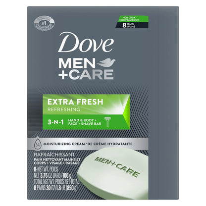 DOVE MEN + CARE 3 in 1 Bar Cleanser for Body, Face, and Shaving Extra Fresh Body and Facial Cleanser More Moisturizing Than Bar Soap to Clean and Hydrate Skin 3.75 Ounce (Pack of 8) 3.75 Ounce (Pack of 8)