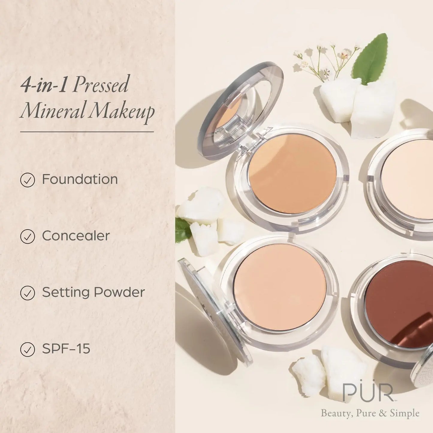 PÜR Beauty 4-in-1 Pressed Mineral Makeup SPF 15 Powder Foundation with Concealer & Finishing Powder- Medium to Full Coverage Foundation- Mineral-Based Powder- Cruelty-Free & Vegan Friendly Cocoa