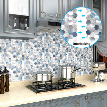 Peel and Stick Backsplash for Kitchen Hexagon Tiles,Adhesive Backsplash for Kitchen Adhesive Wall Tiles Peel and Stick Metal Tile 3D Tile Stickers 10Pcs Blue