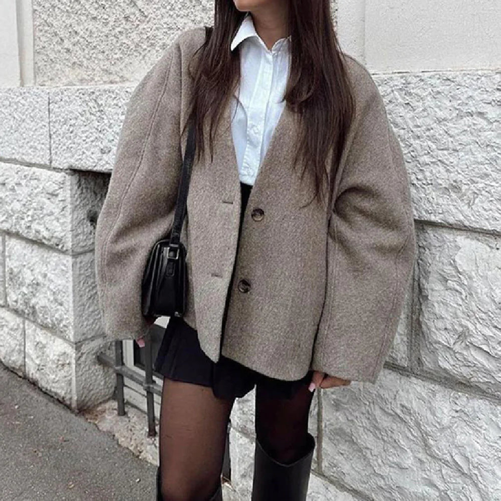 V-neck Long Sleeve Button Short Coat