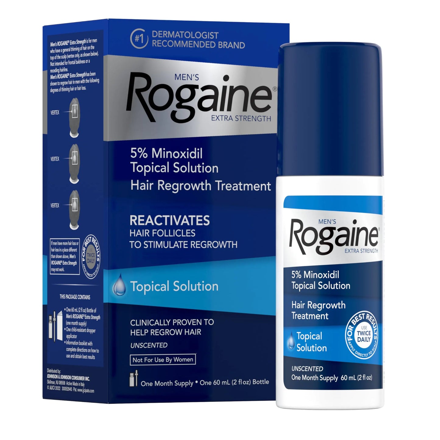 Rogaine Extra Strength 5% Minoxidil Topical Solution for Hair Regrowth, Unscented Liquid Treatment for Men, 1-Month Supply, 2 fl. oz Solution Topical Treatment (1-Month Supply)