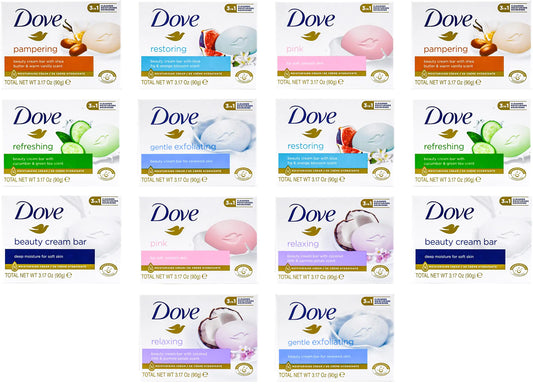 Dove, Beauty Bar Soap Variety Pack of 14, Go Fresh, Shea Butter, Coconut Milk, White, Pampering, Restoring, Exfoliating - 90g (7 Scents, 2 of Each)