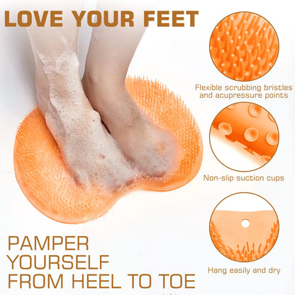 Shower Foot Scrubber Mat Back Washer Back Exfoliating Bath Wash Pad Wall Mounted Slip Suction Cups Foot Scrubber for Use in Shower Cups Foot Cleaner for Men and Women Orange