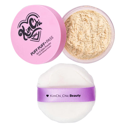 Kimchi Chic Beauty Puff Puff Pass Set and Bake Powder, Loose Face Powder with Extra Fluffy Setting Powder Puff, Soft Translucent Face Makeup for Uneven Skin Tone, 02 Banana