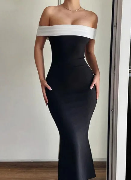 Sexy Slim-fit Off-shoulder Contrasting-color Dress