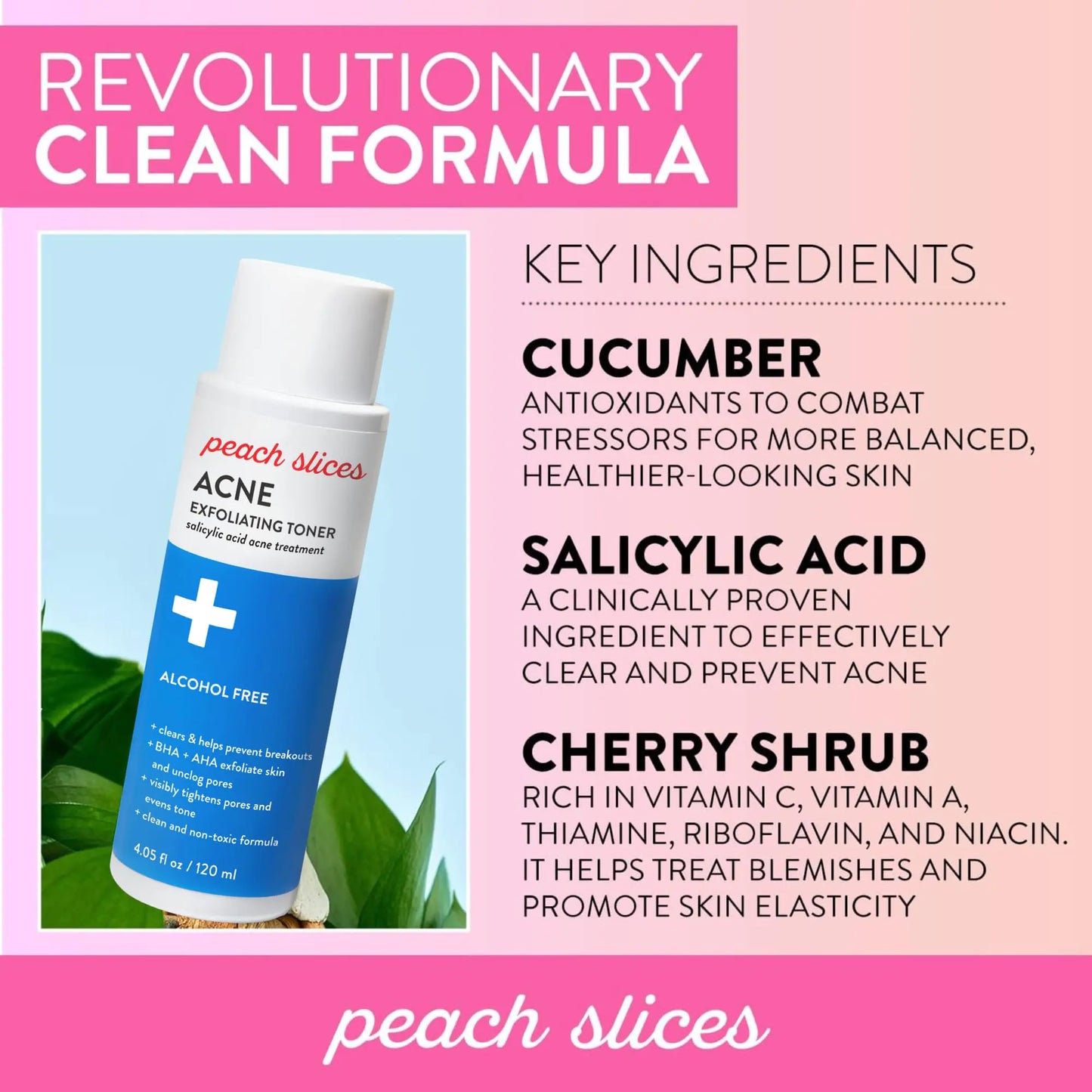 Peach Slices | Acne Exfoliating Toner | 2% Salicylic Acid | AHA+BHA Exfoliation | Facial Cleanser | Calms & Soothes | Prevents Breakouts | Alcohol & Sulfate Free | Skin Care for Women & Men | 4 Oz