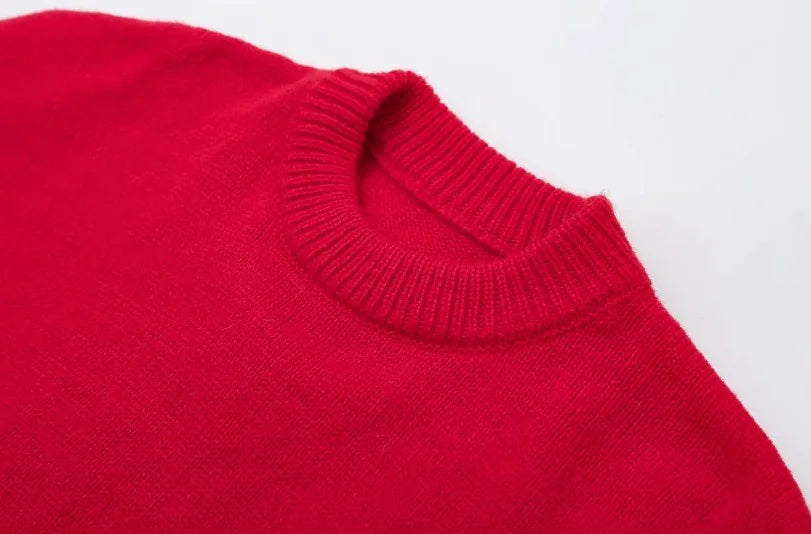 Women's Red Round-neck Pullover Sweater